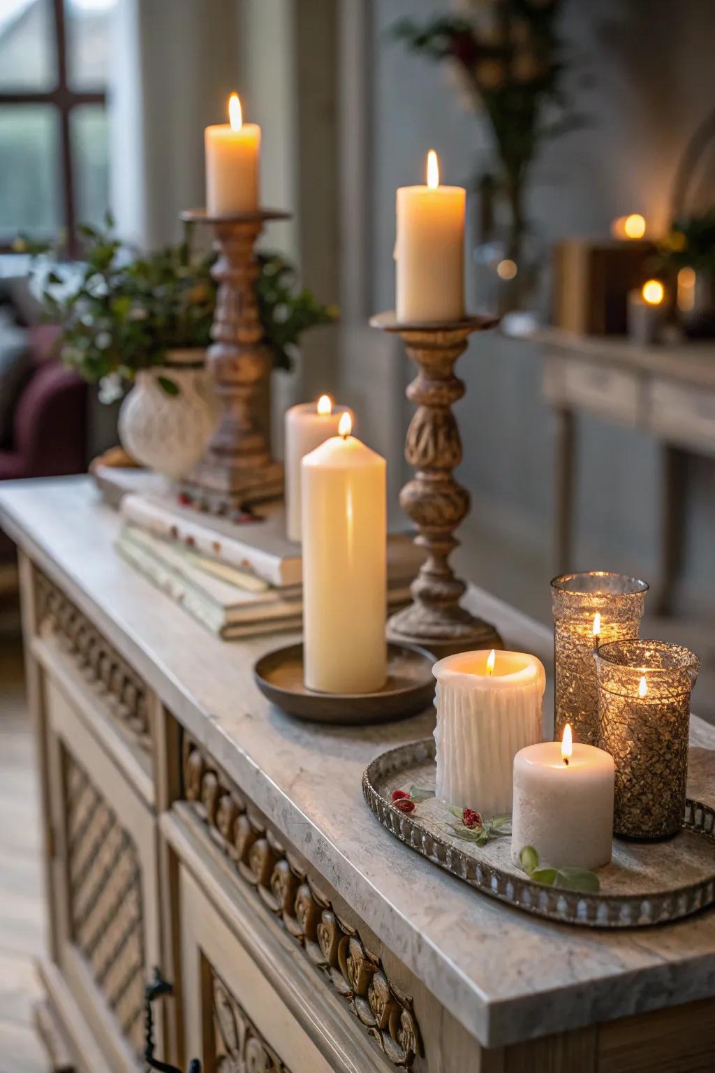 Candles in assorted holders deliver a warm, inviting glow.