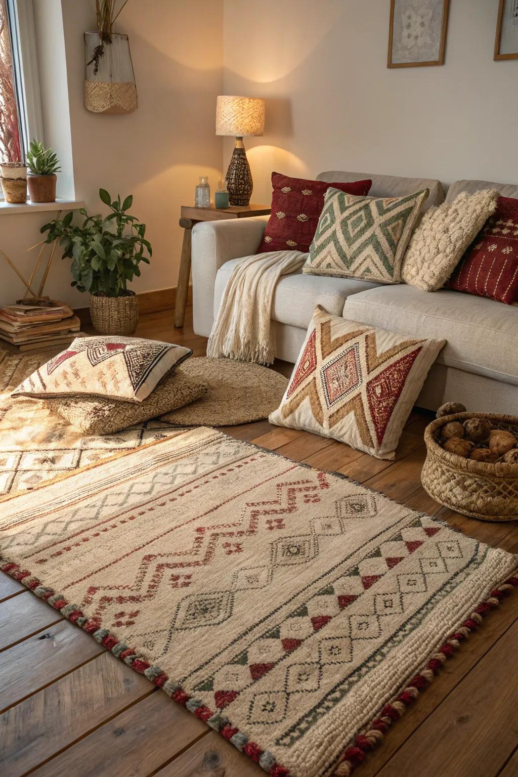 Textile layers add depth and make the family room more interesting.