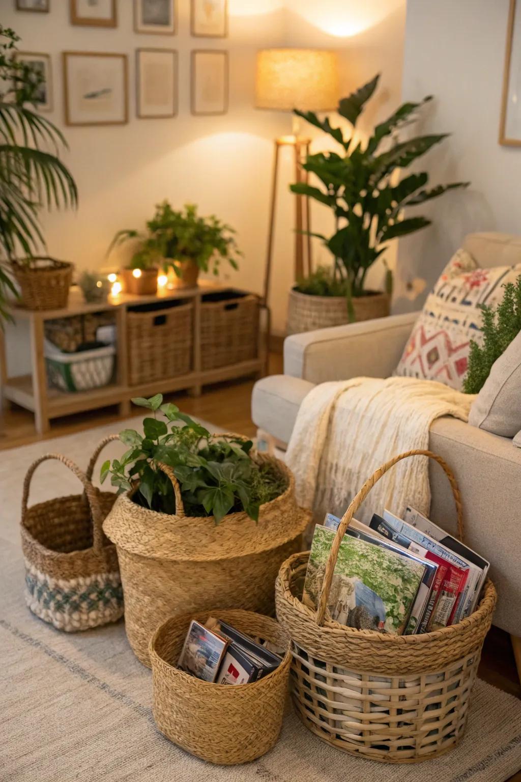 Baskets bring warmth and relaxation to living spaces.