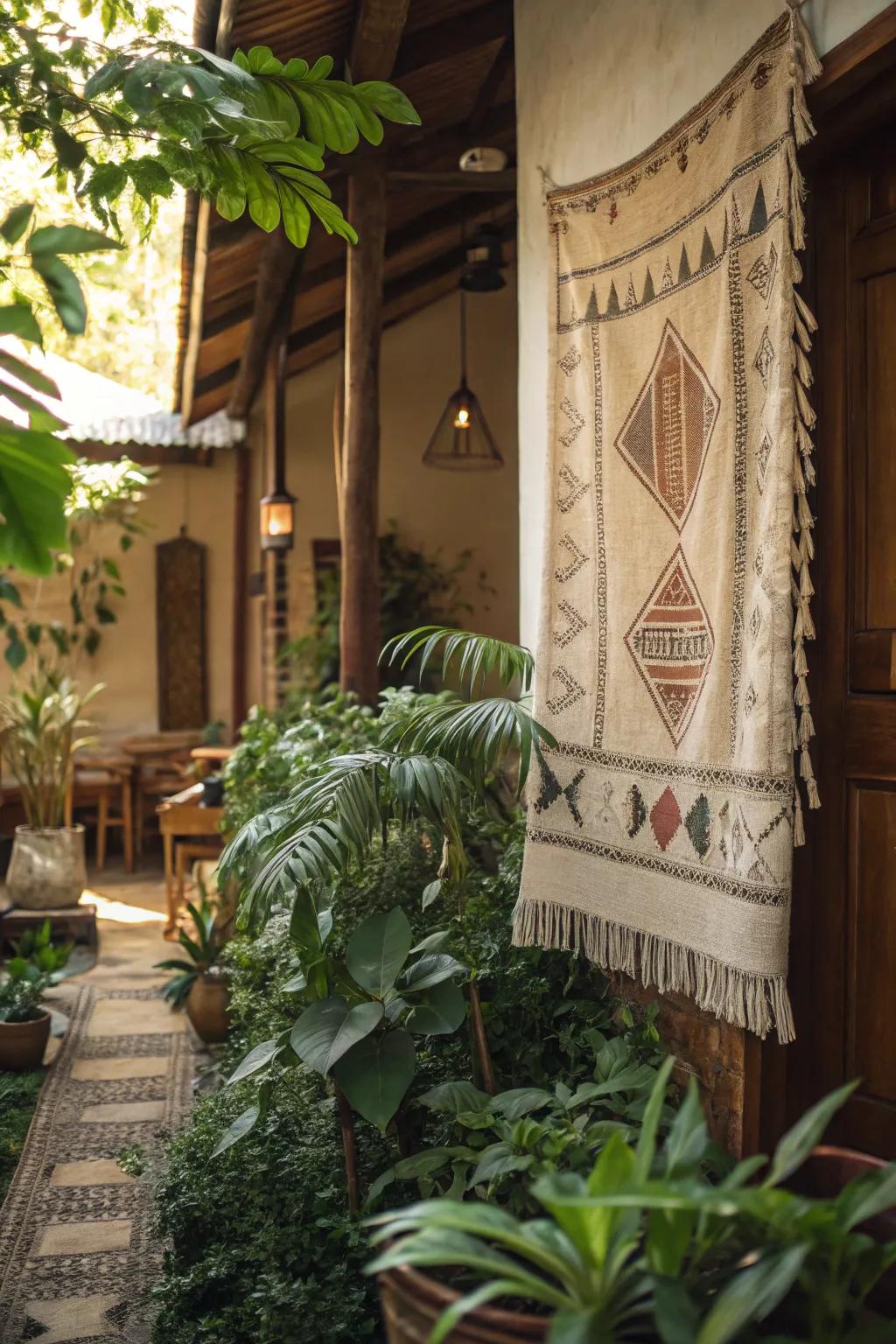 When tapestries and plants are combined, an inviting atmosphere is formed.