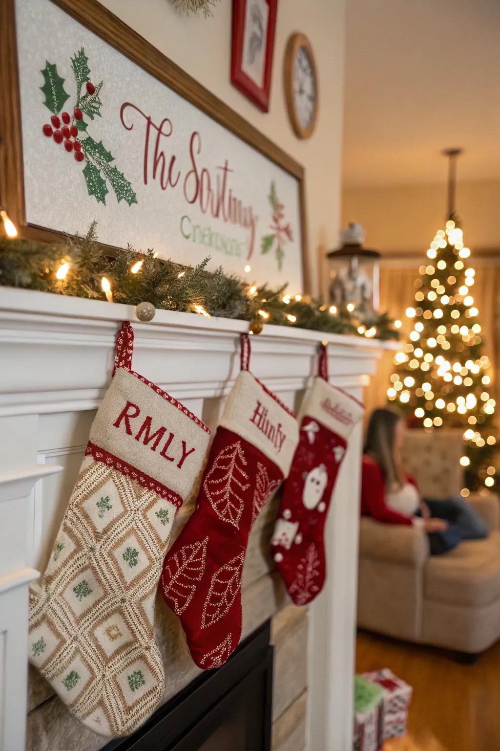 Decorative signs add a personal and festive element to any stocking display.