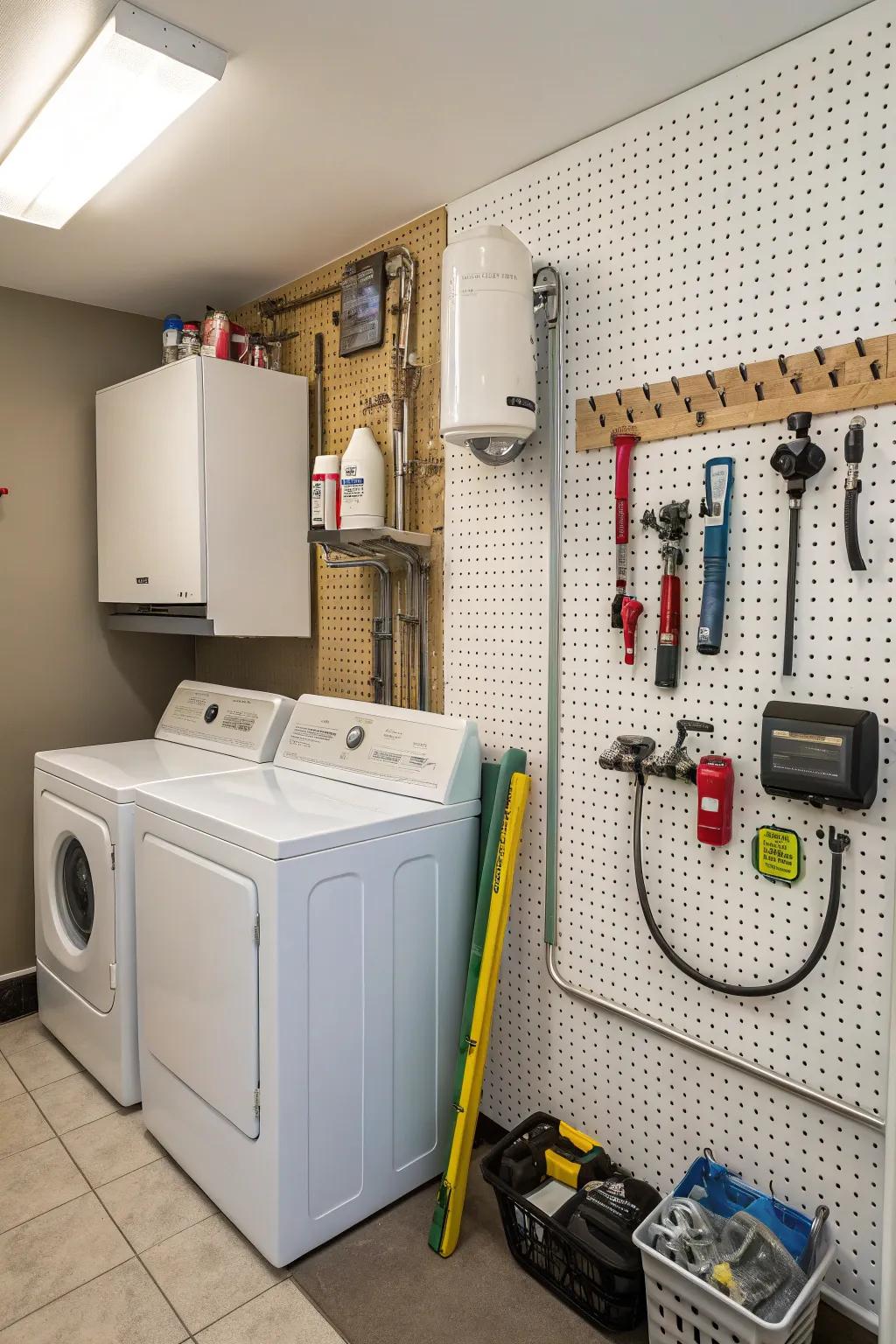 Perforated board systems combine organization with concealment.