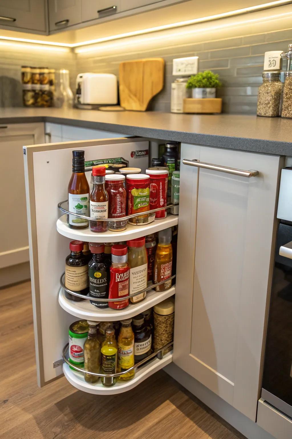 Lazy Susans maximize corner cabinet space effectively.
