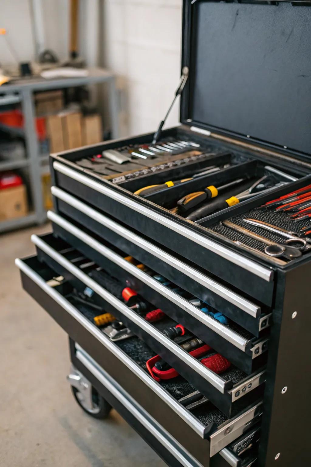 Drawers help in effectively transporting and categorizing tools.