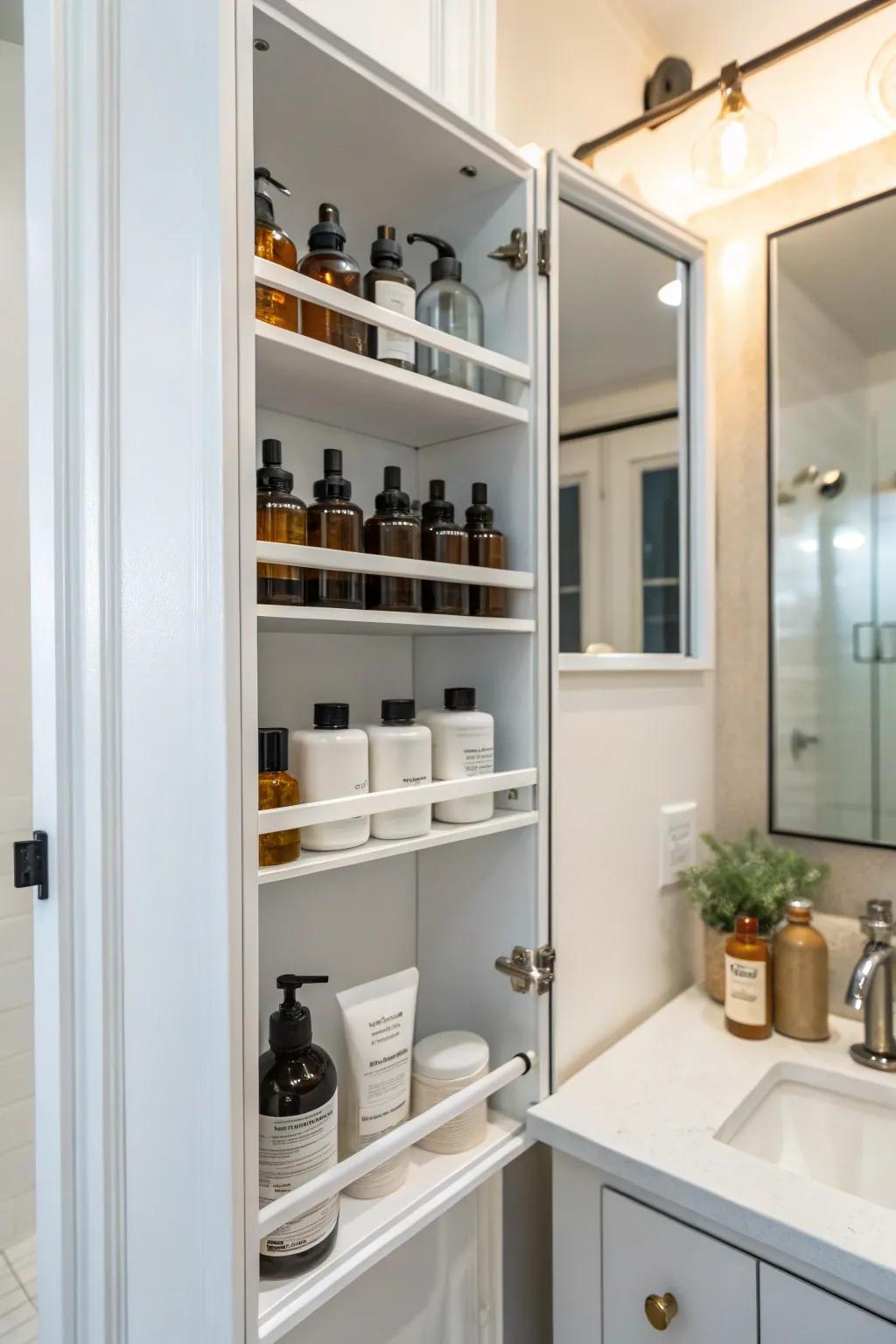 Adjustable shelves in a cabinet, customized to fit different bottle sizes.
