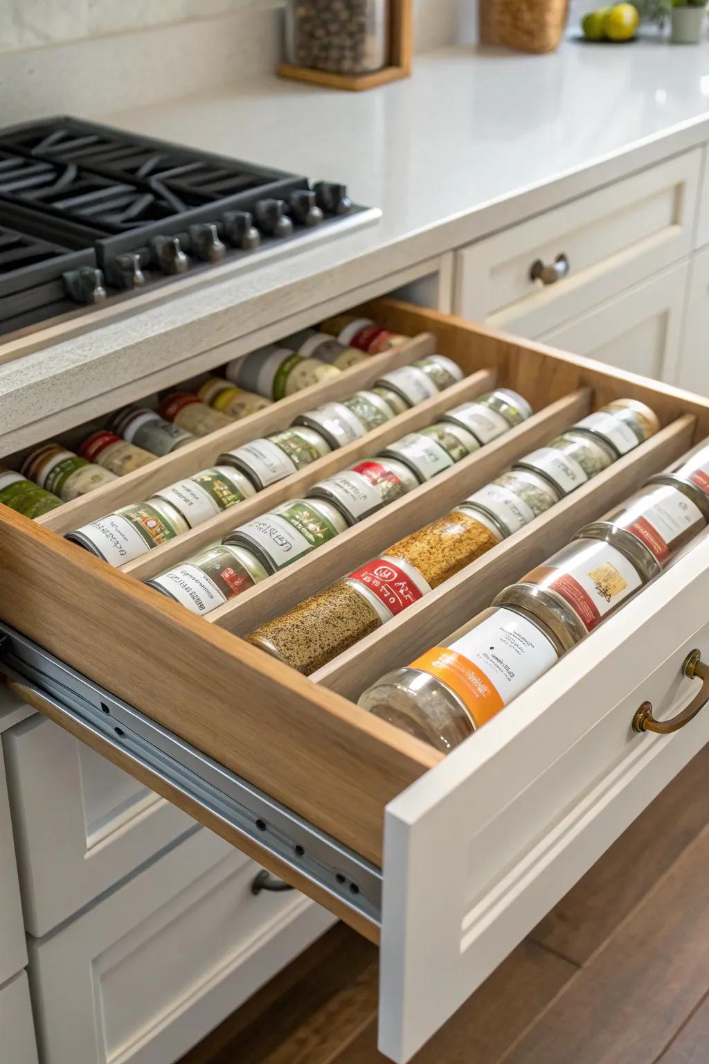 Compartmental inserts ensure an organized spice repository.