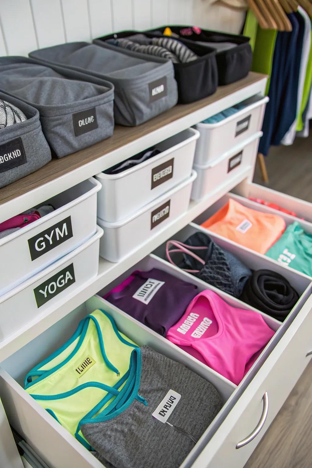 Tagged storage simplifying finding workout gear.