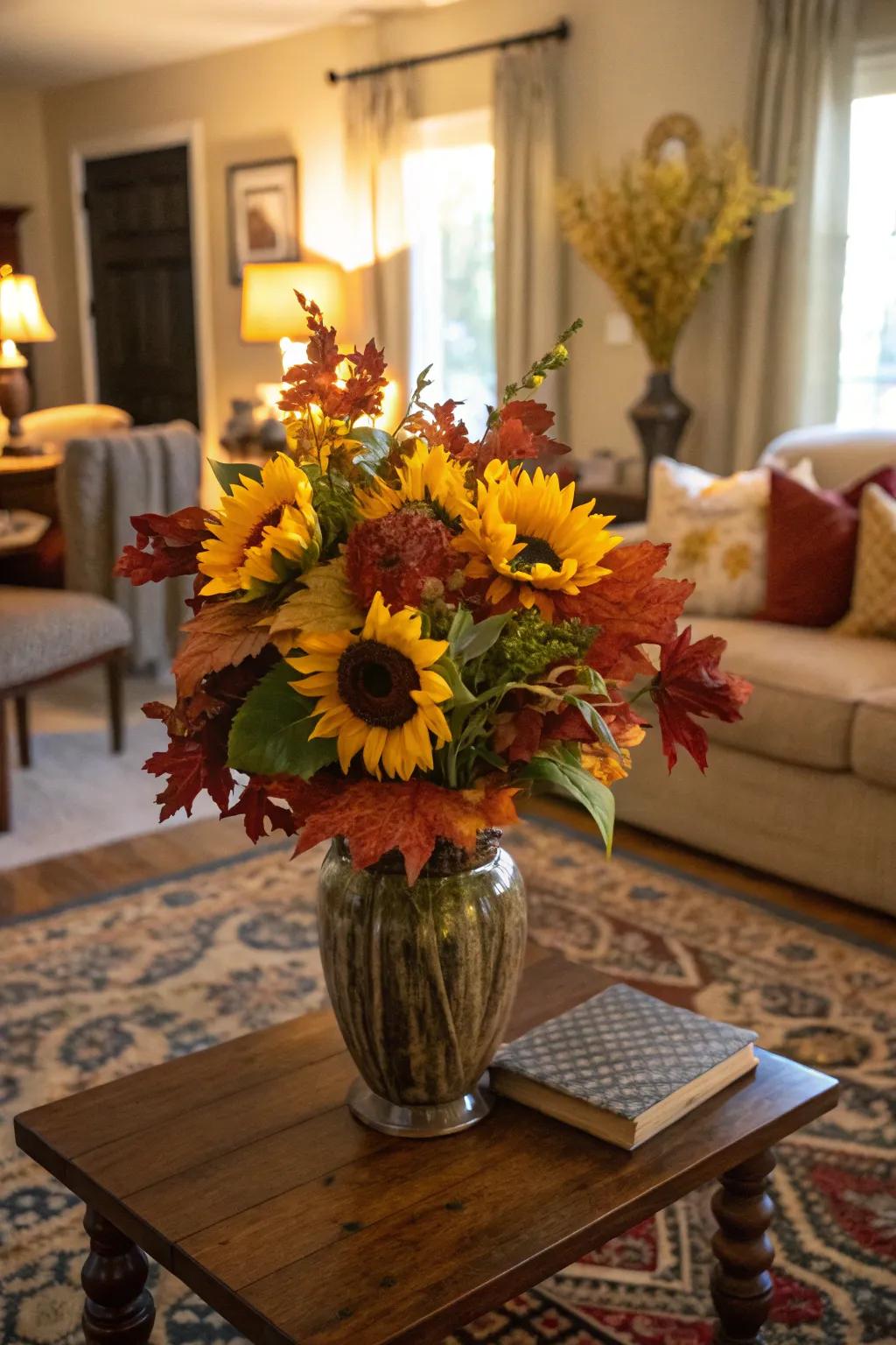 A seasonal scheme showcasing sunflowers and autumn leaves.