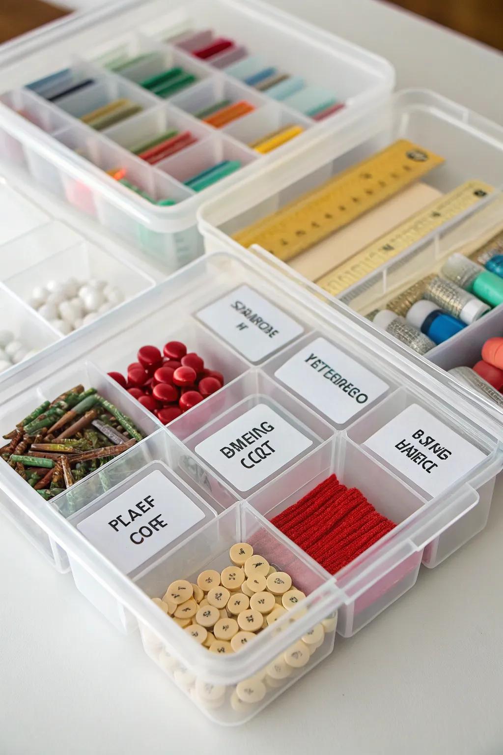 Plastic containers with labeled sections for structured storage.