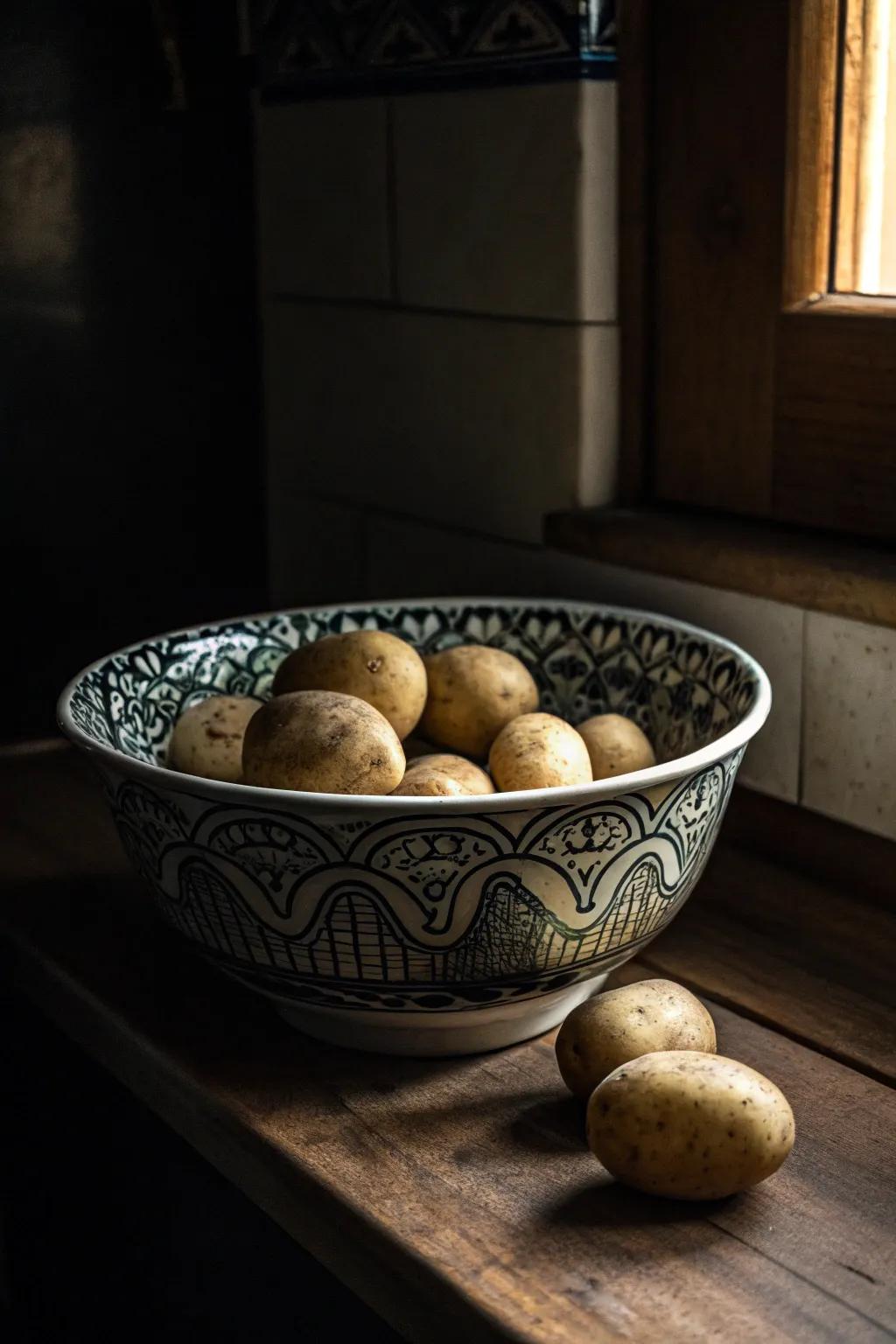 Sophisticated potato stowage featured inside an ornamental clay bowl.