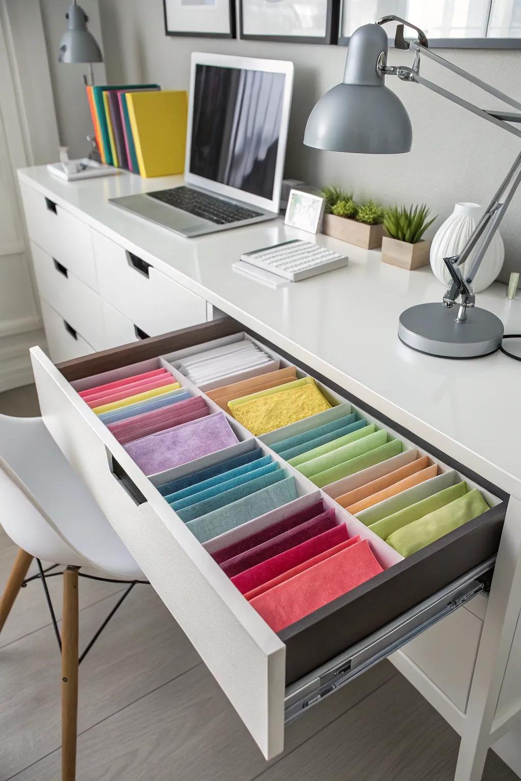 Compartmentalized drawers facilitate structured and easy access to tissue paper.