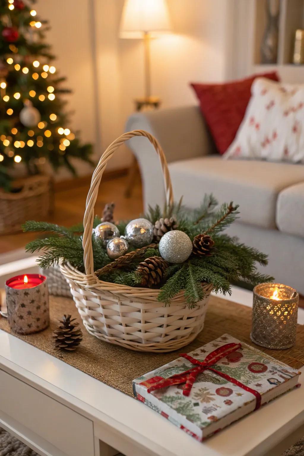 Seasonal decorations render your basket festive and delightful.