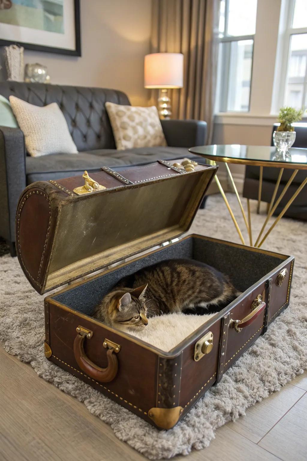 A retro suitcase transformed into a unique cat bed.