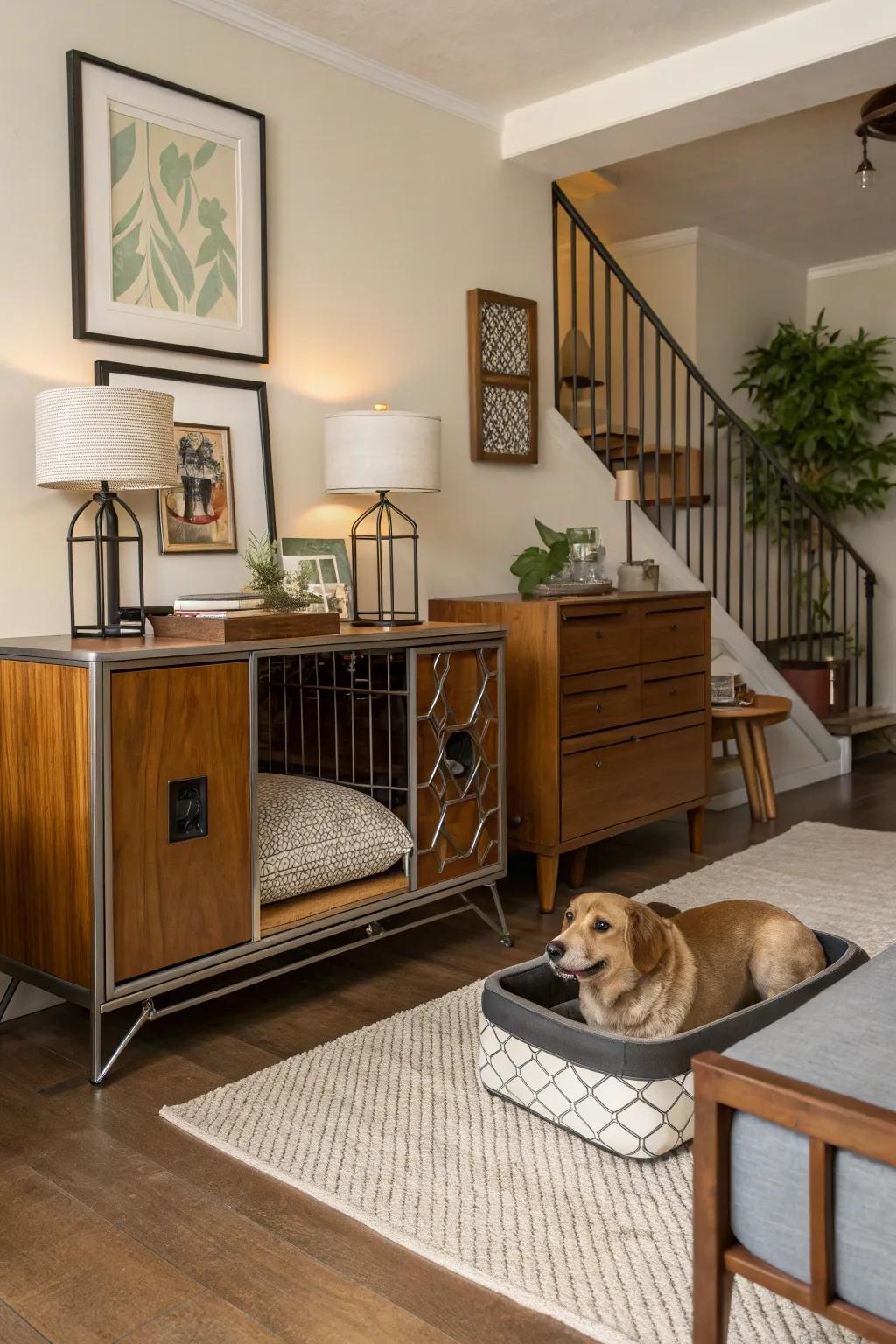 Retro-inspired design meets modern pet comfort in this mid-century dog retreat.