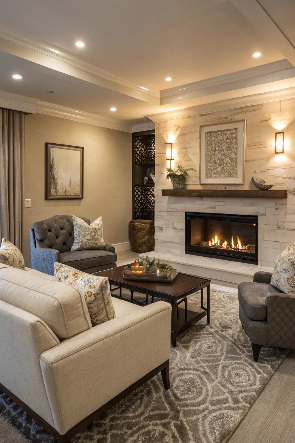 A contemporary living space featuring a gas fireplace, providing ease and design.
