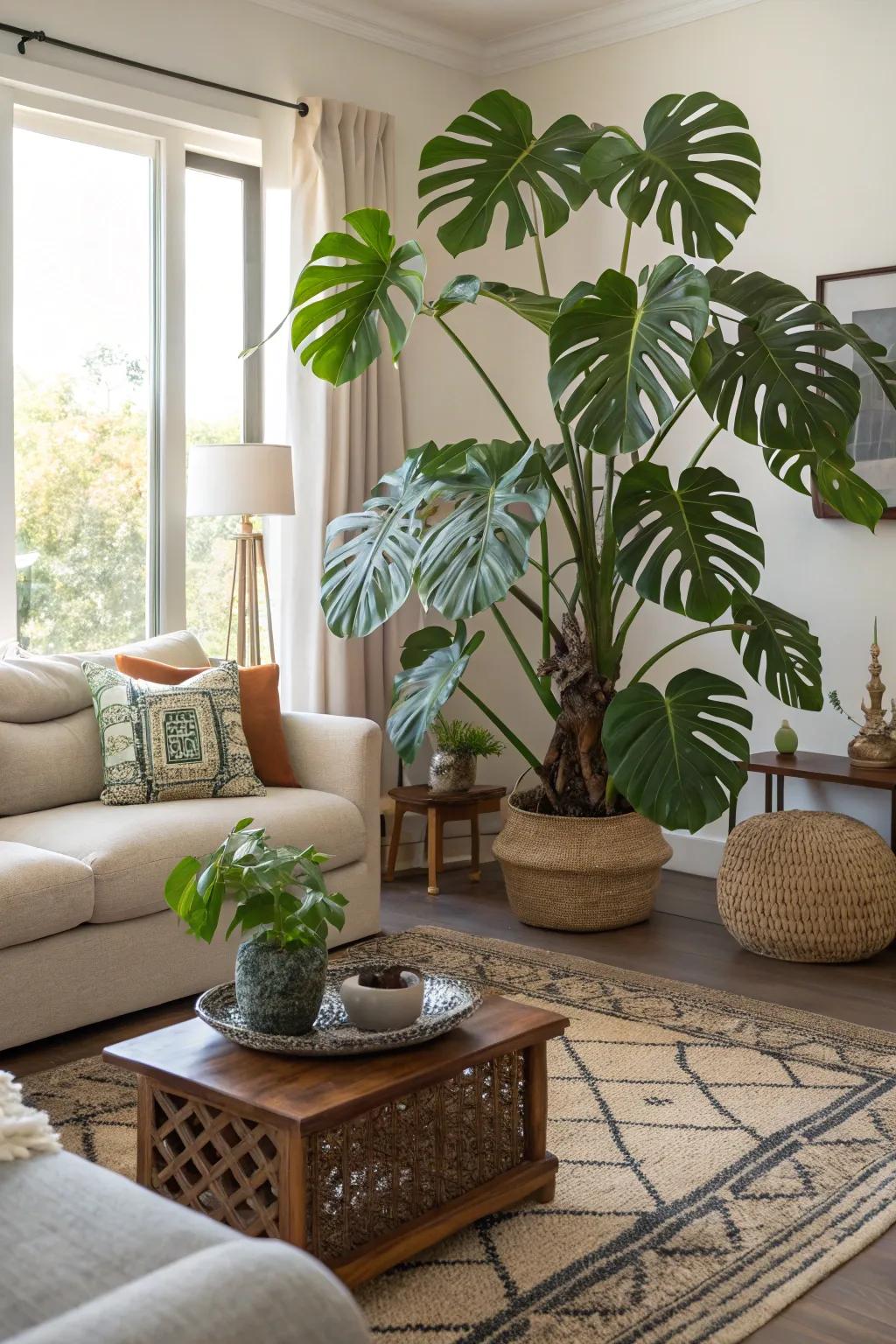 Introduce tropical sensations indoors using the striking split-leaf plant.