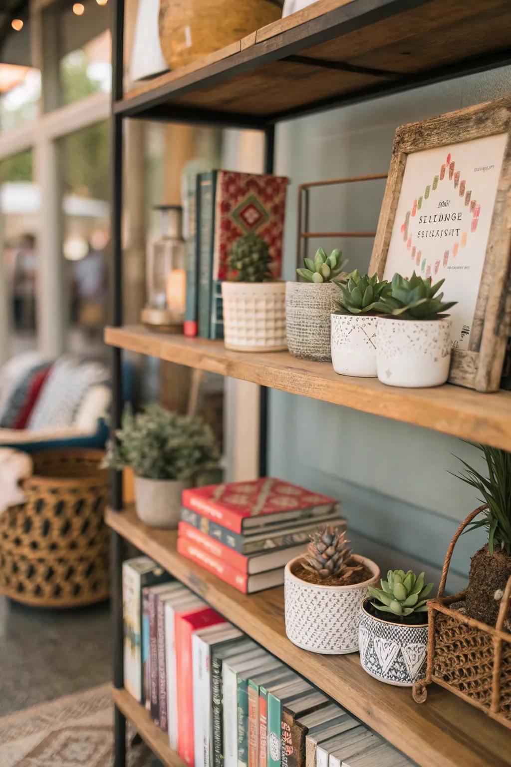 Add life to your bookshelf with lovely succulents.