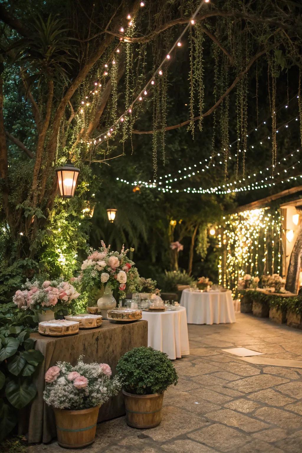 Foliage coupled with lights adds a natural element.