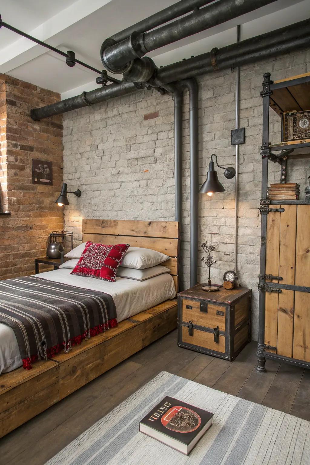 Tough textures contribute personality and warmth to this industrial bedroom.