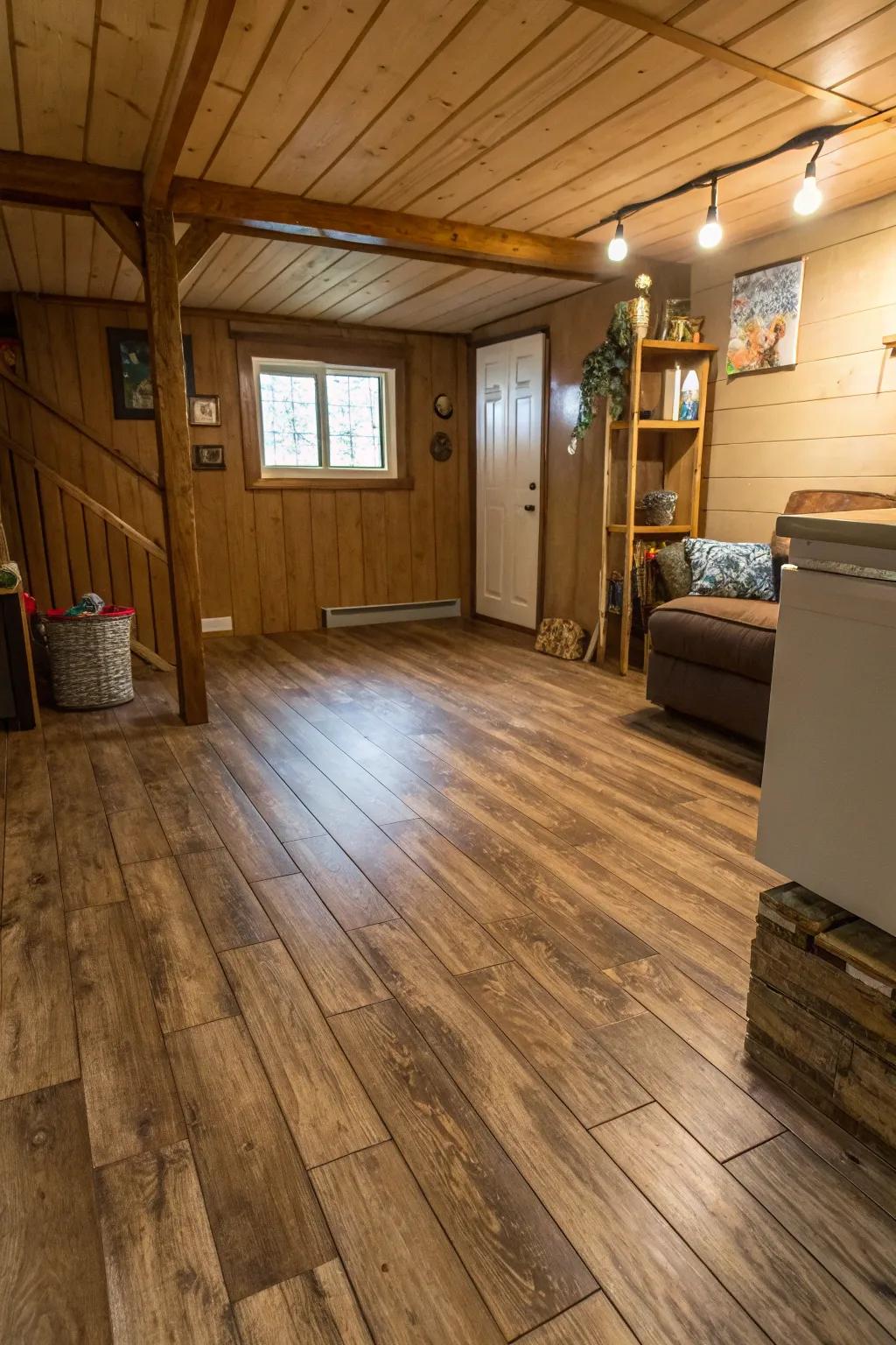 Floors that resemble wood offer warmth without the maintenance.