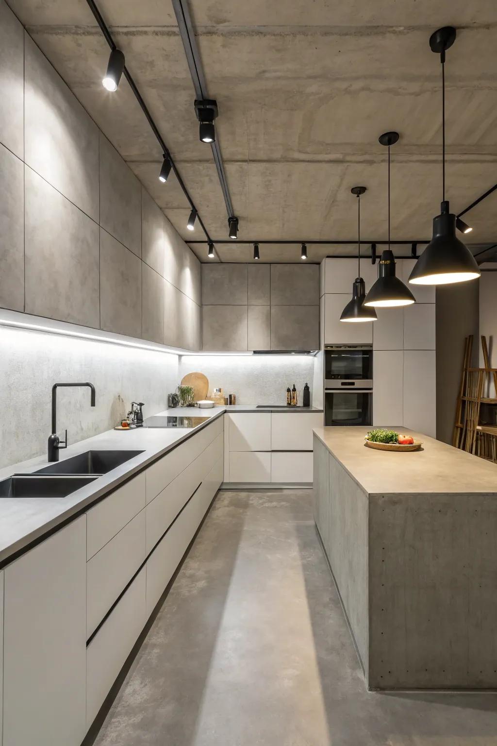 Concrete countertops introduce an industrial flair to your kitchen design.