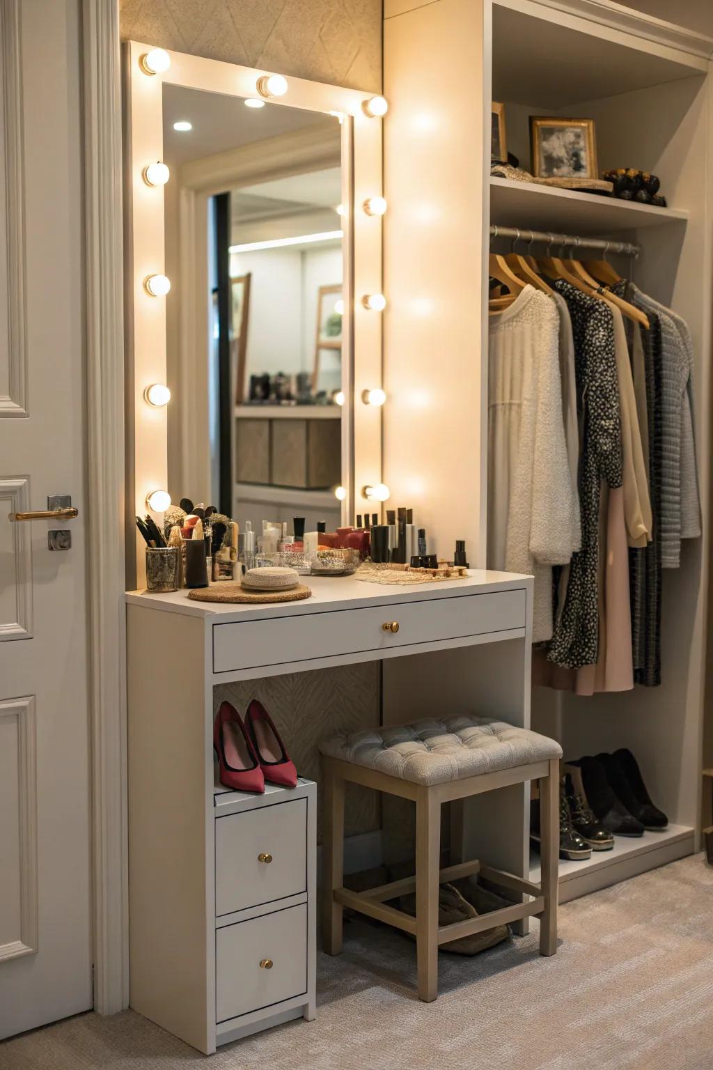 Add a personal element using a comfortable cosmetic station in your closet.