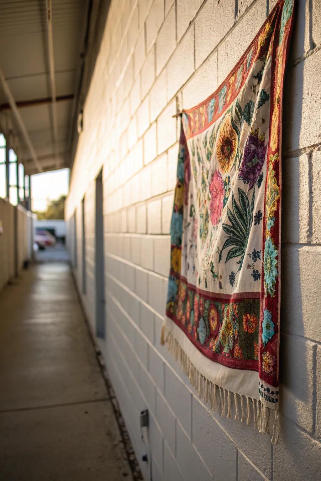A fabric tapestry softens a cinder block wall.