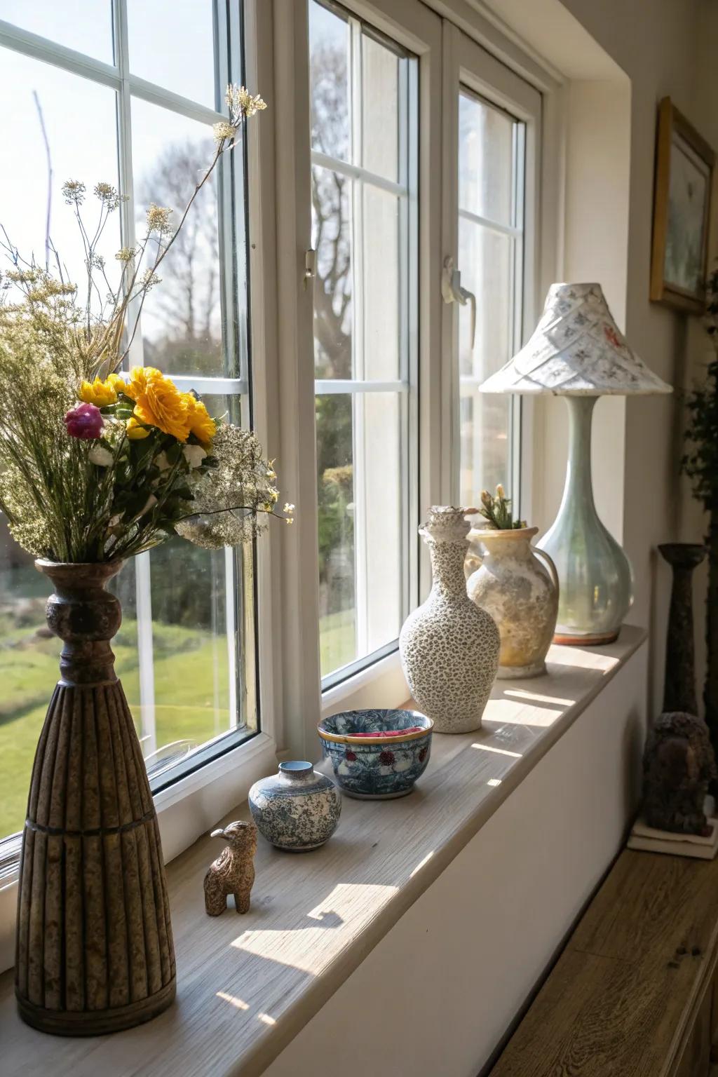An extended window sill providing additional display space for decorative items.