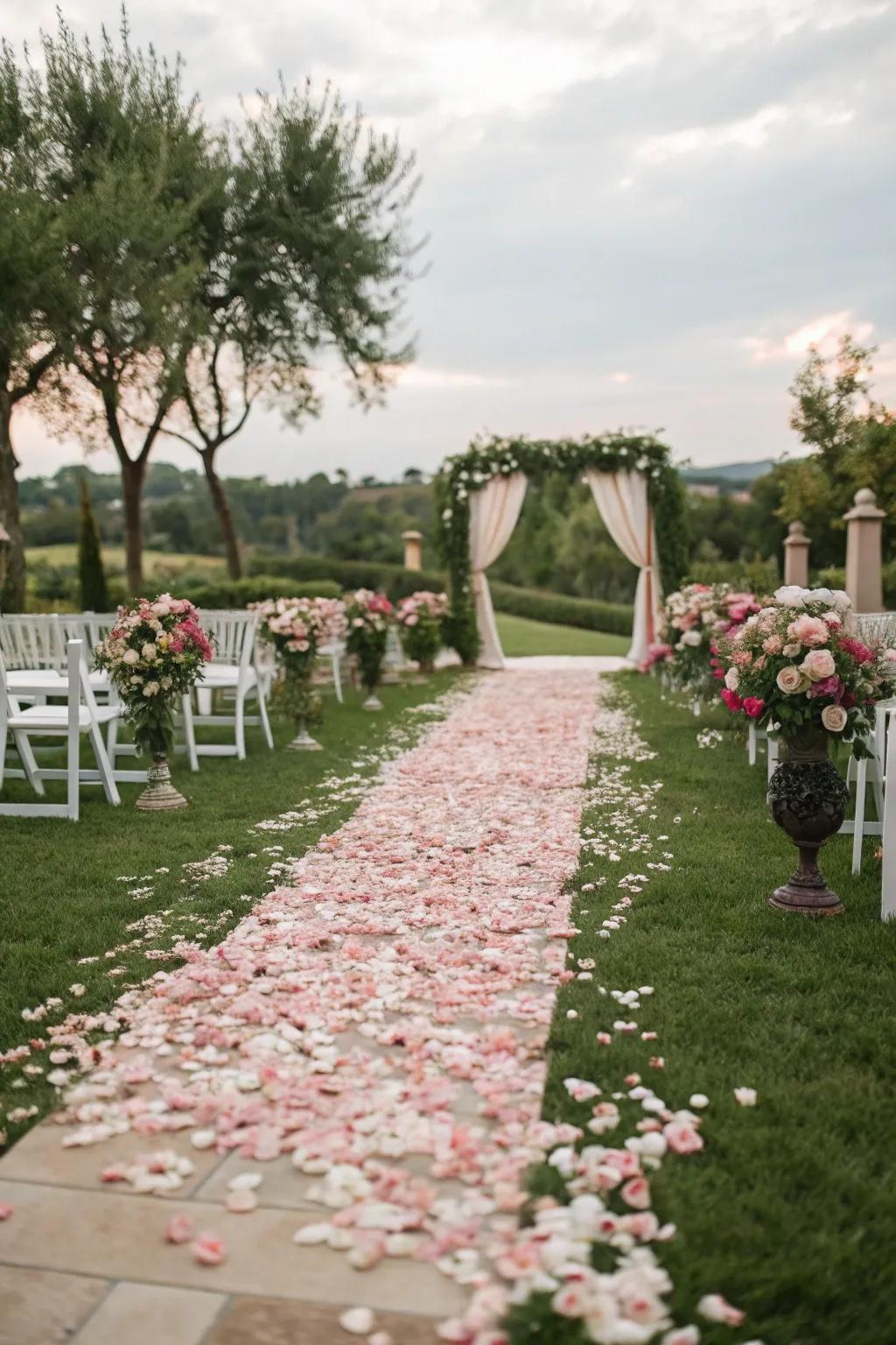 Floral petals and foliage line an enchanting wedding pathway.