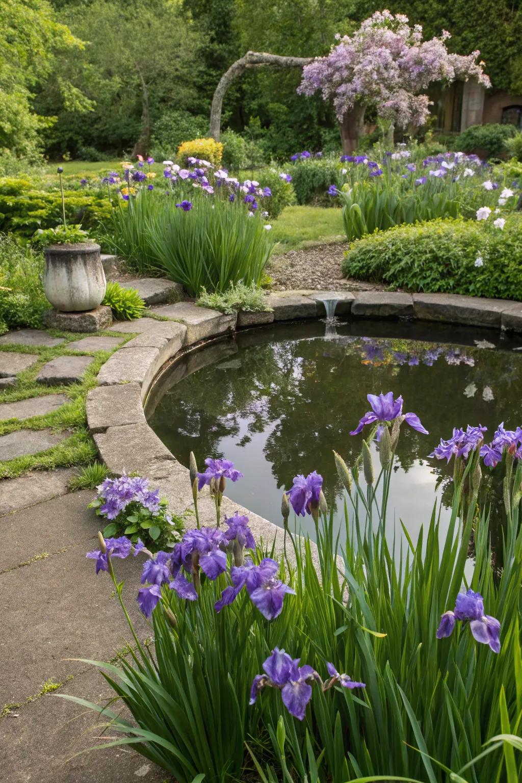 Glimmer flowers enhancing a water feature, adding peace and allure.