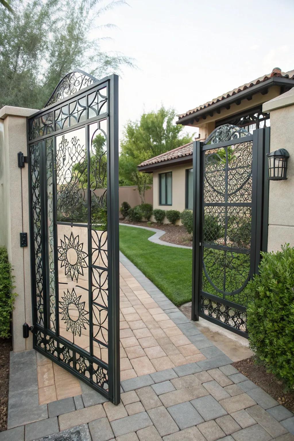 A uniquely customized iron entryway displaying personal style.