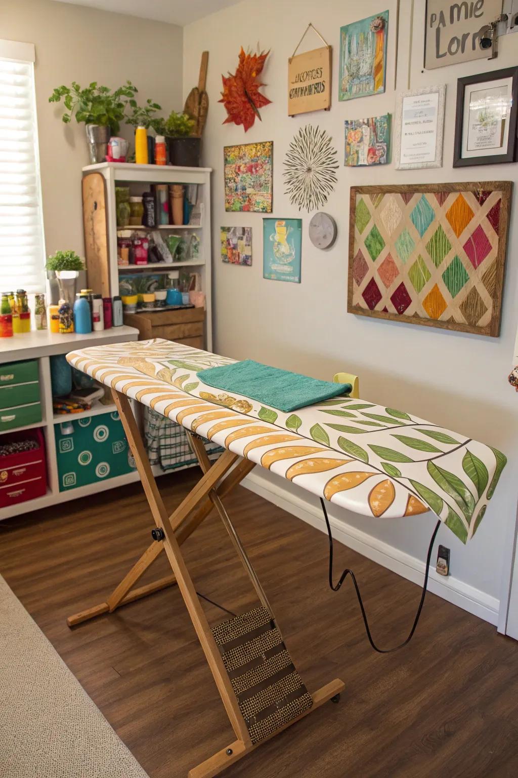 A DIY drop-leaf ironing surface in a creative crafting room.