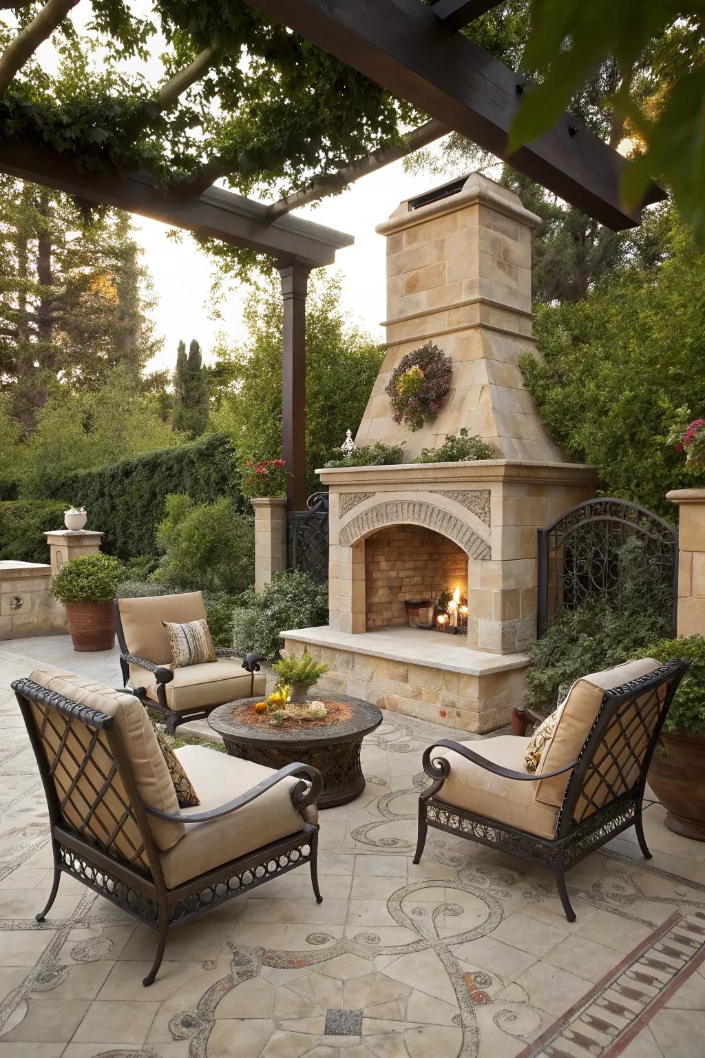 An outdoor fireplace provides a cozy central point for gatherings.
