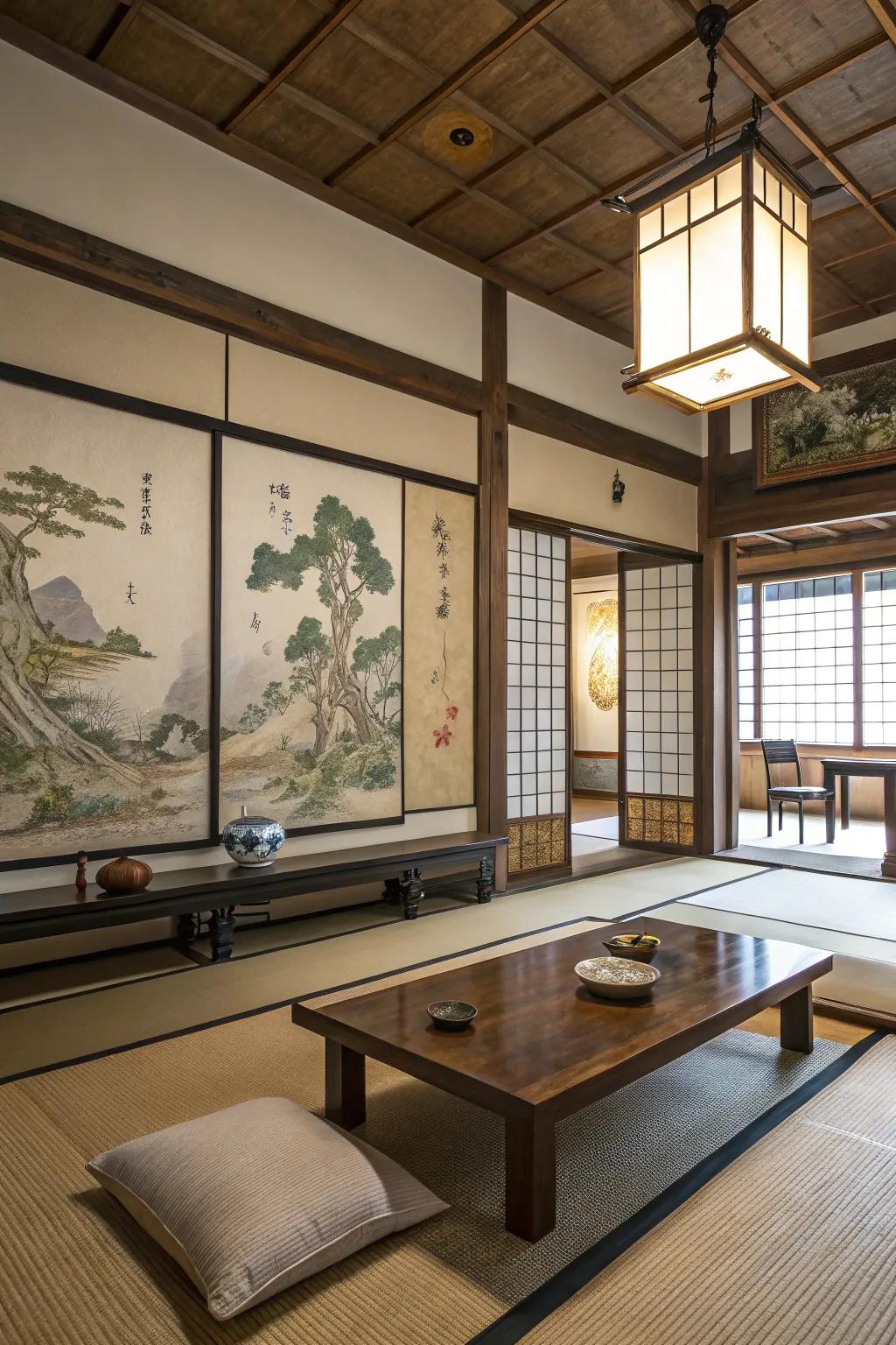 Traditional artwork adds cultural richness to this Japanese living room.