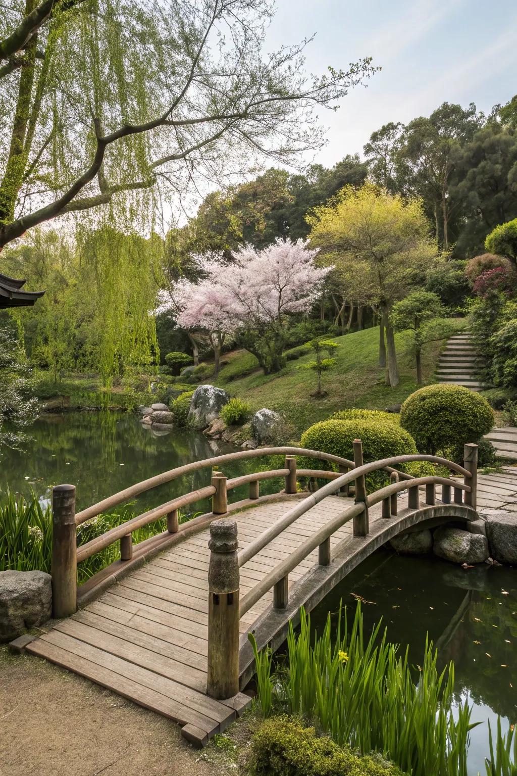 A rustic wooden bridge positioned over a pond in a Japanese garden.