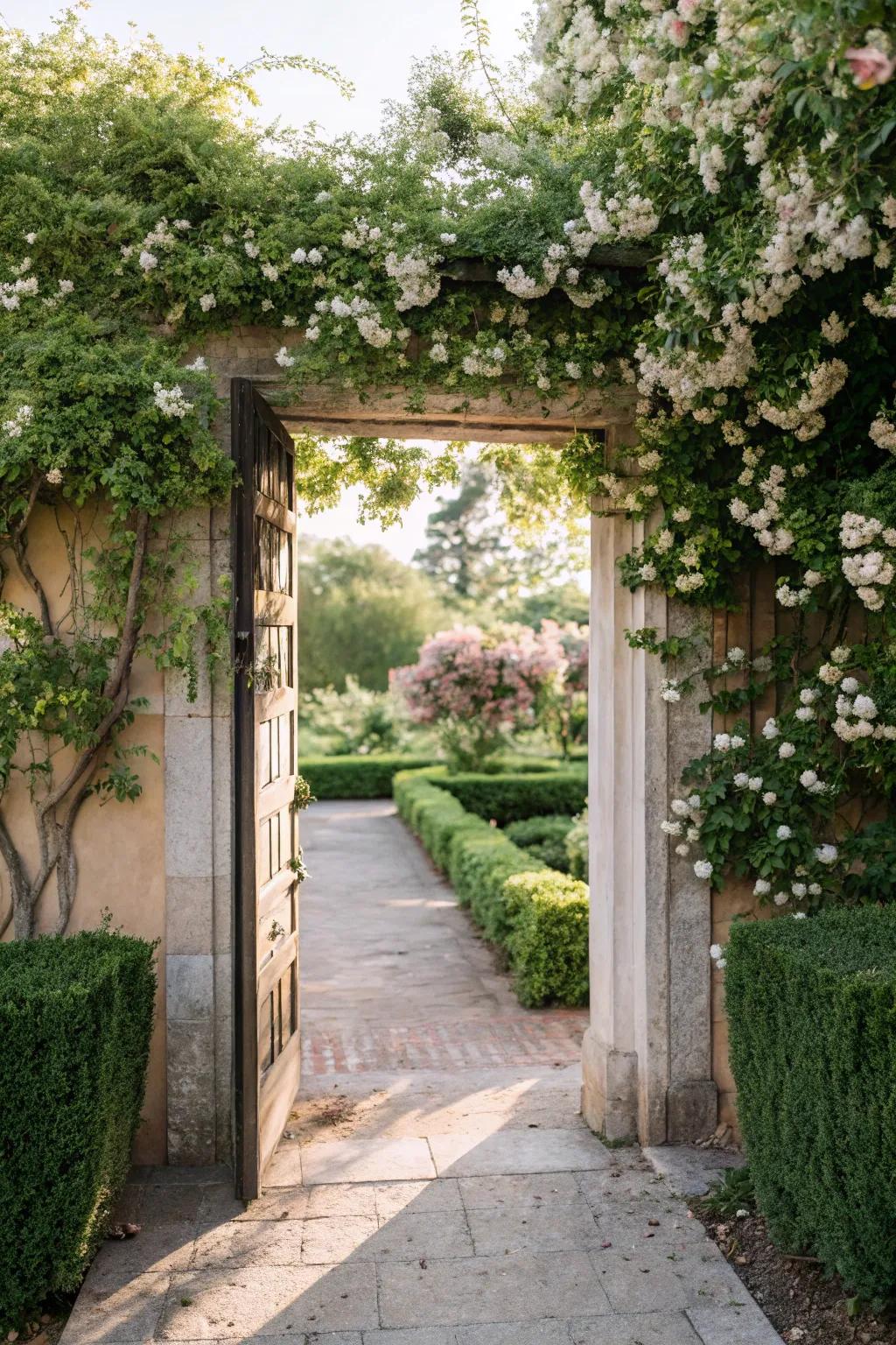 Construct an inviting entrance with snow vine-bordered entrances.
