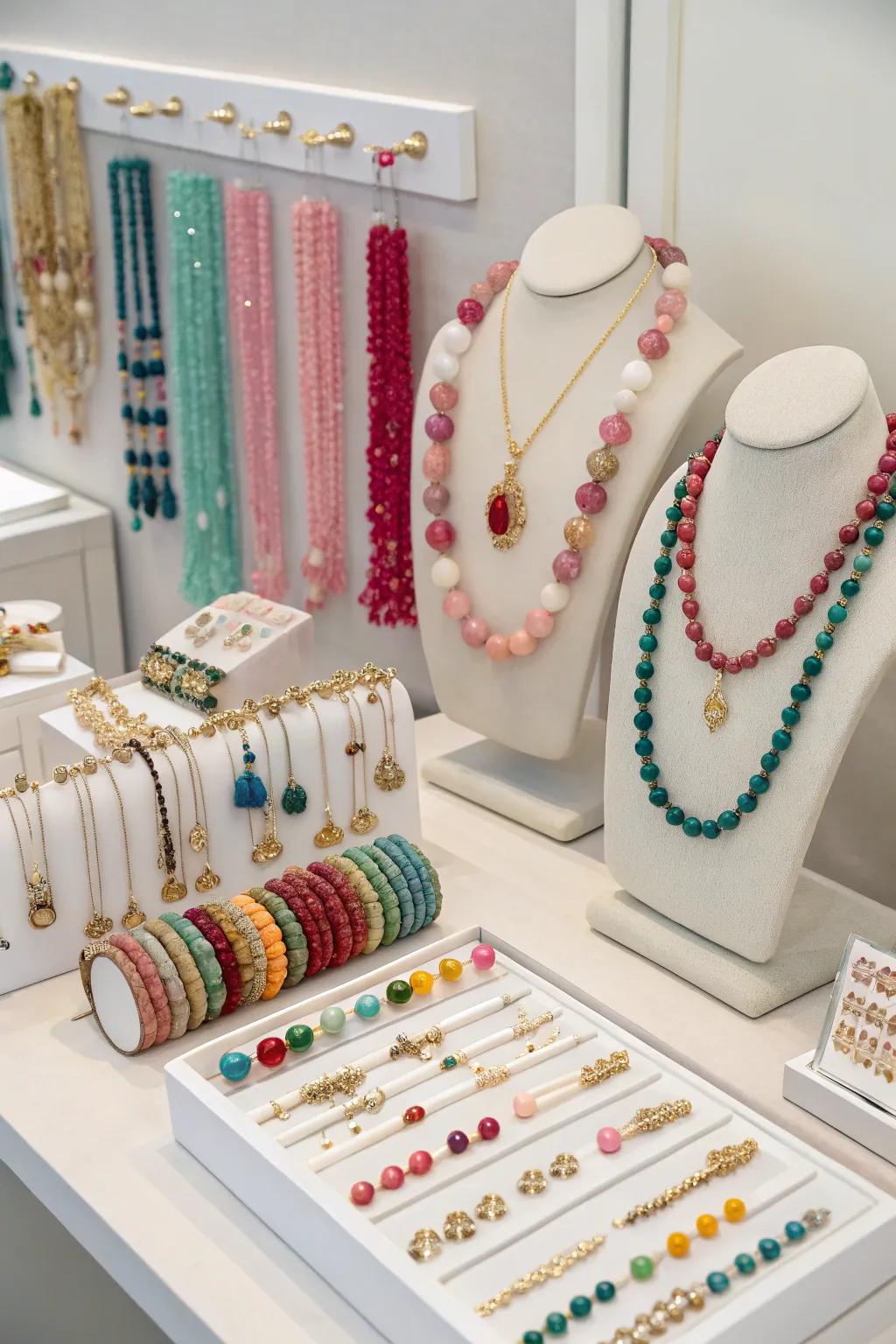 Bring visual cohesion with color-themed jewelry displays.