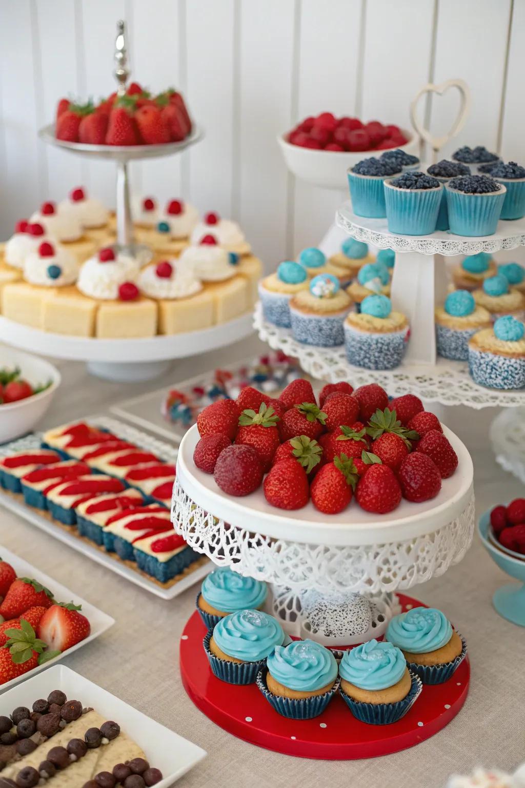A thematic dessert bar displaying confections and seasonal fruits.