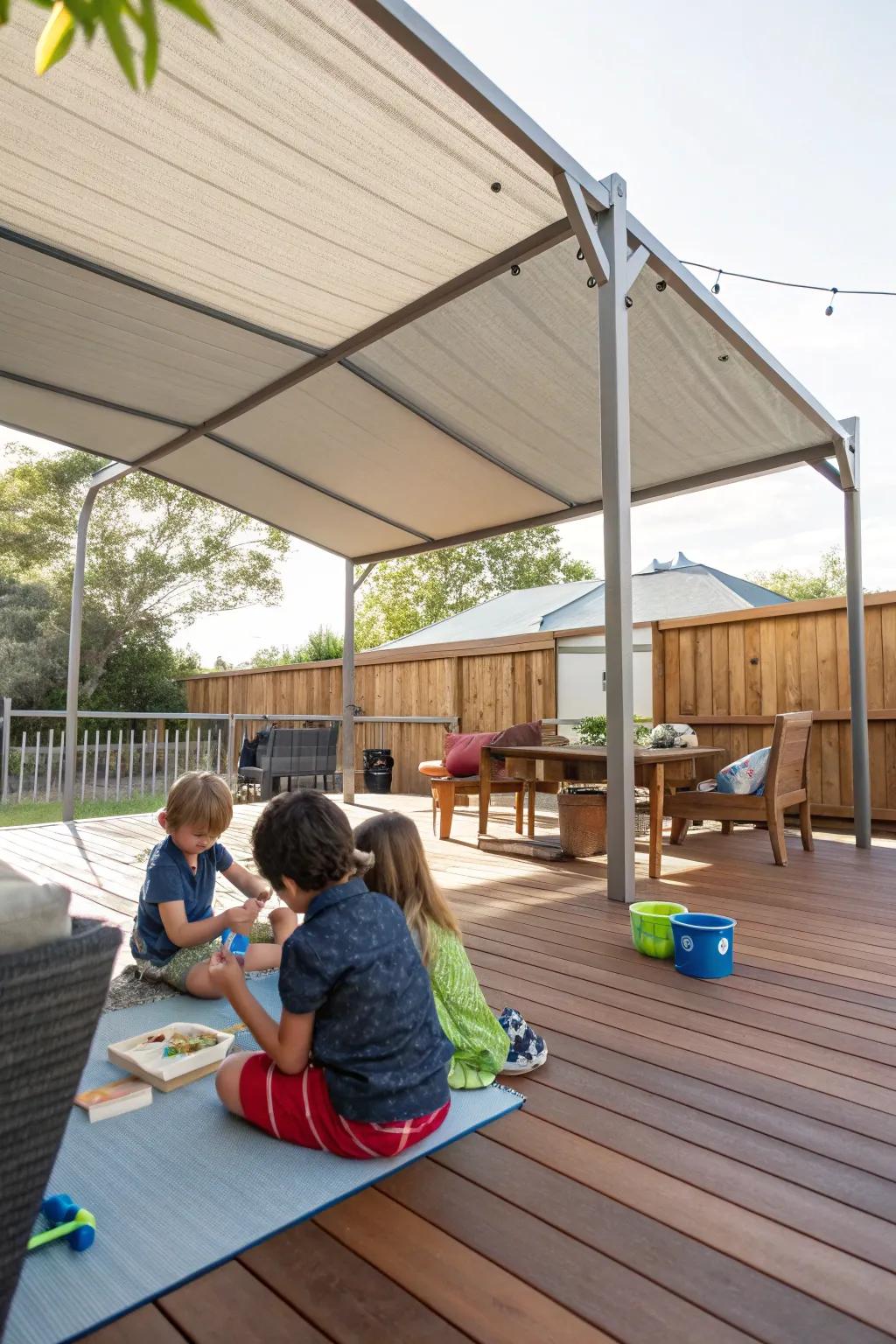 A deck fitted with a large sunshade, offering a cool area where children are happily playing.