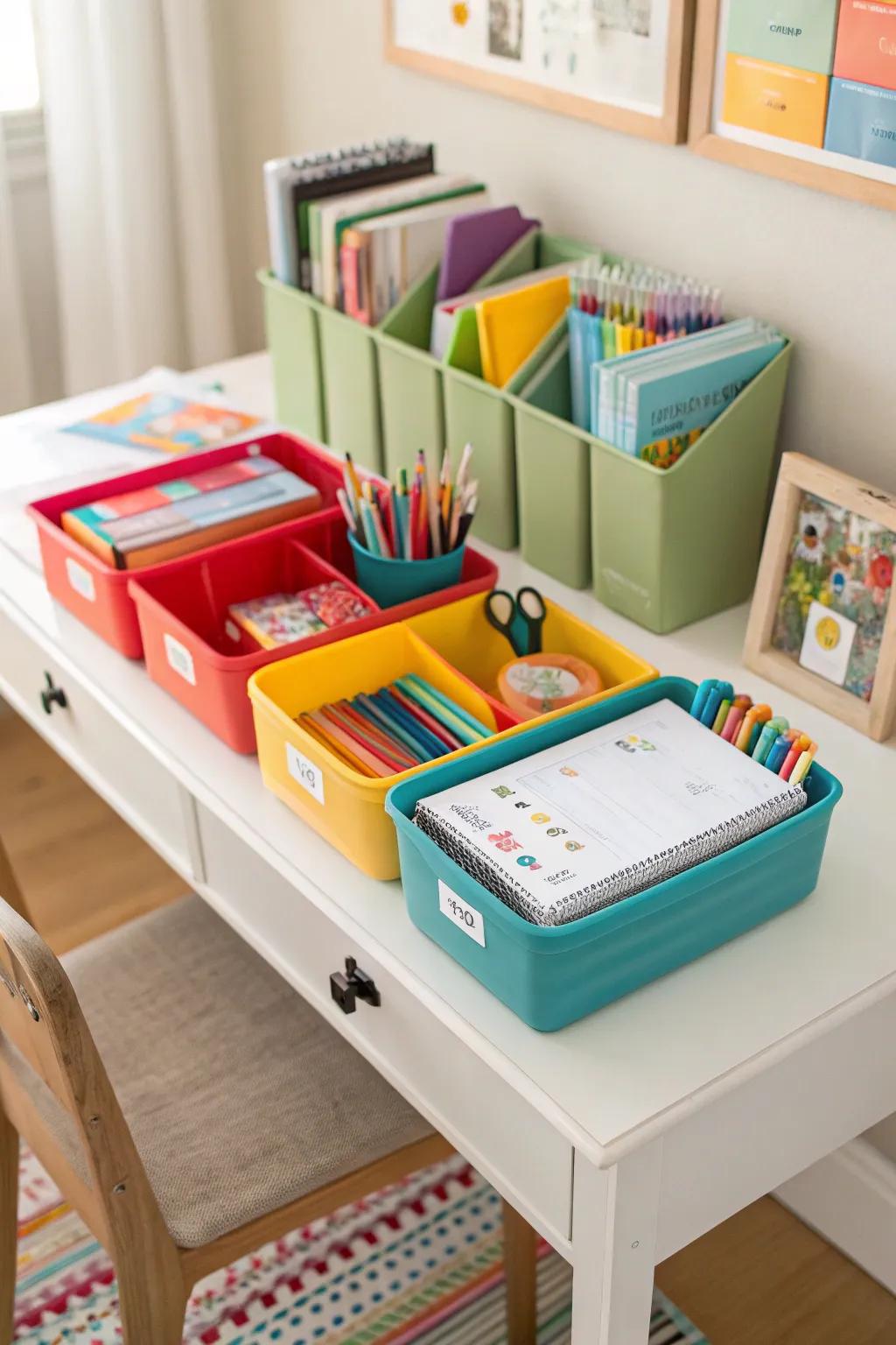 Efficient storage options under the desk.