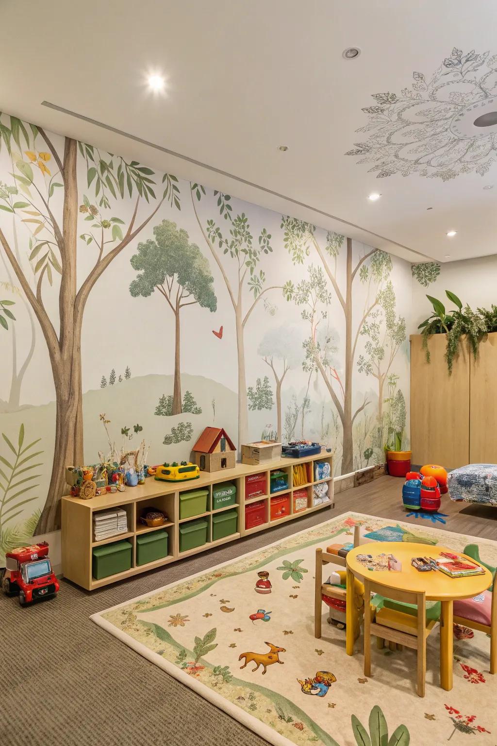 A playroom featuring nature-themed wallpaper which brings the tranquility of nature inside.