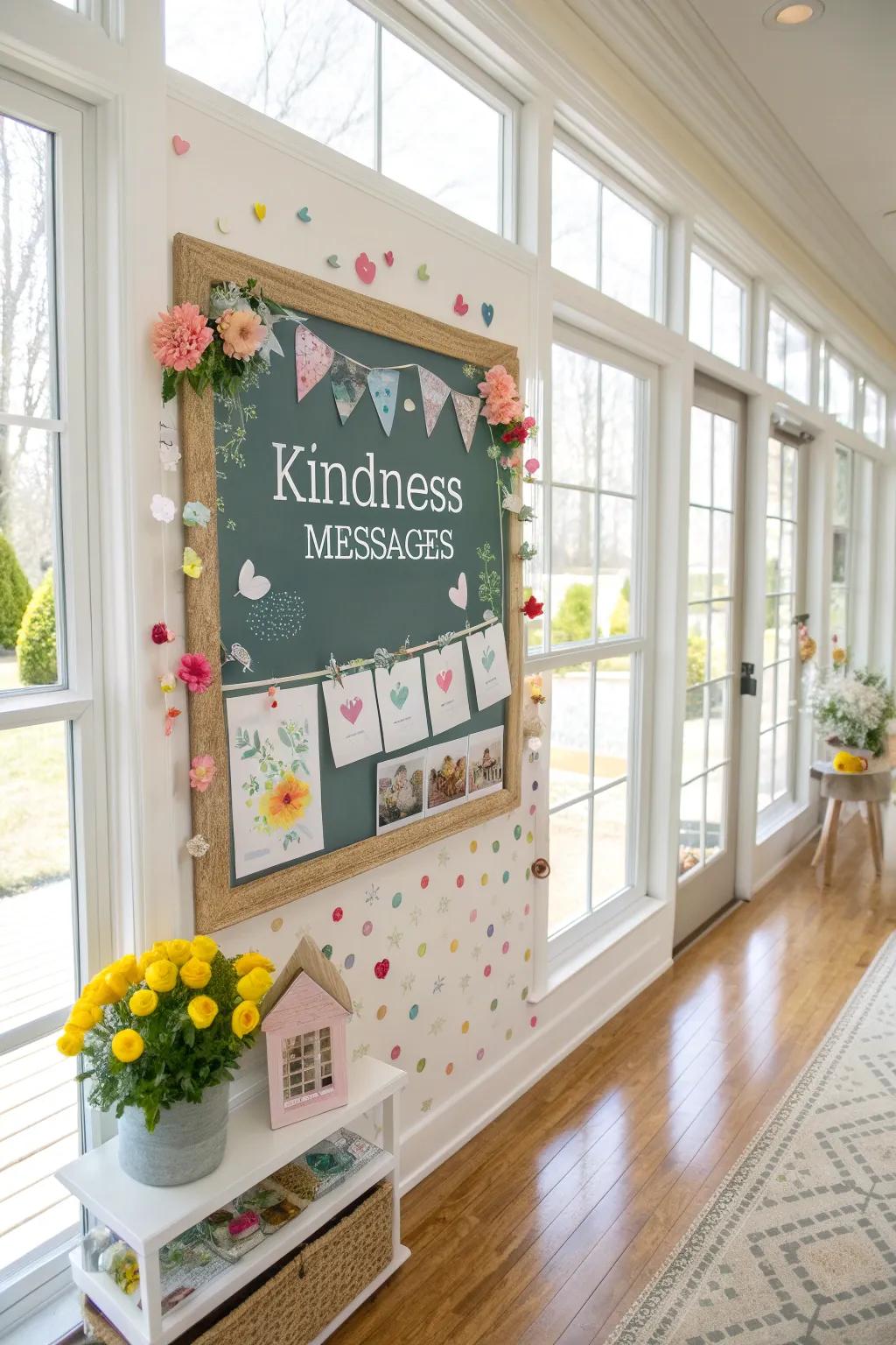 A spring-inspired kindness bulletin board in a bright space, decorated with seasonal ornaments.