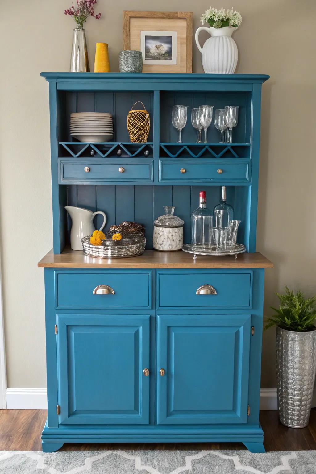 A vibrant bar cabinet contributes a whimsical element to the kitchen.