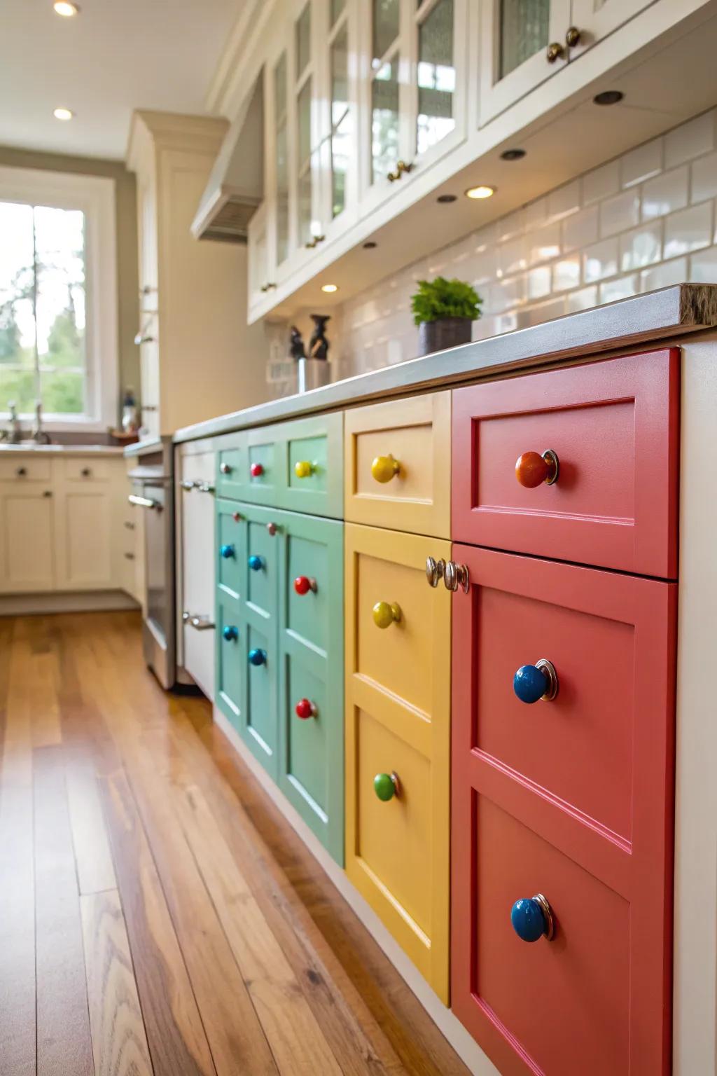 Colorful hardware instantly livens up the kitchen décor.