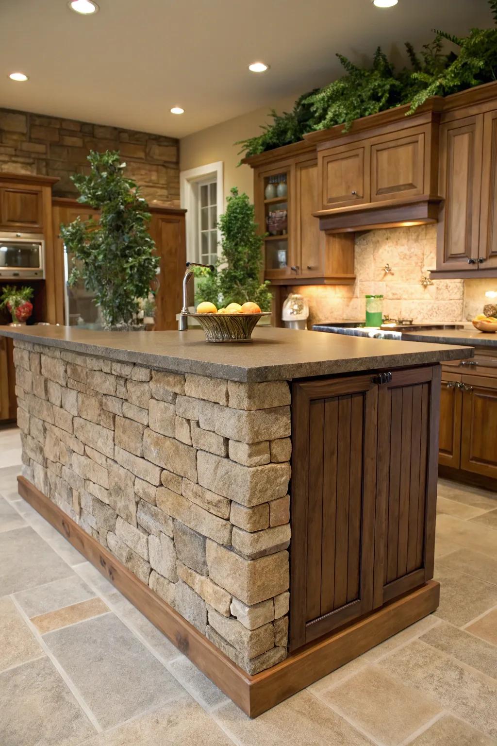 Textured rock appends genuine magnitude and splendor to this cooking area focal point, elevating its palpable allure.