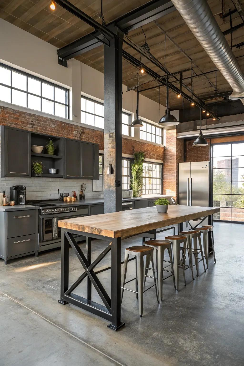 An industrial boldness for a daring culinary workspace dining setup.