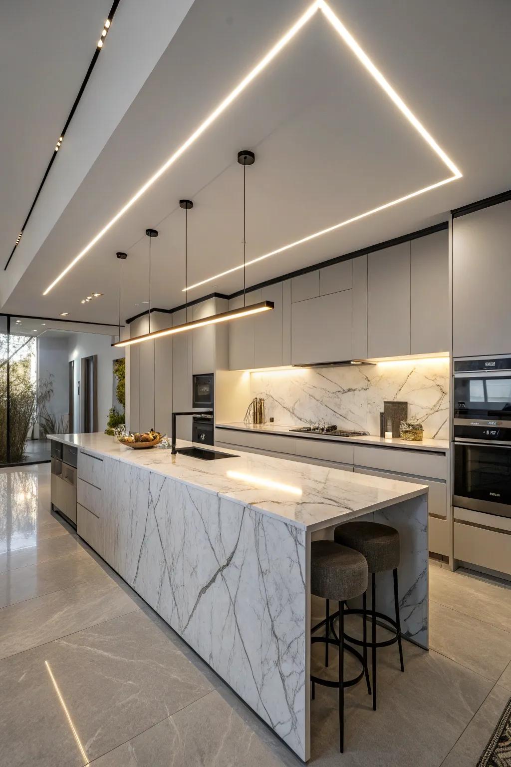 A line of lights provides a sleek and modern look above the island.