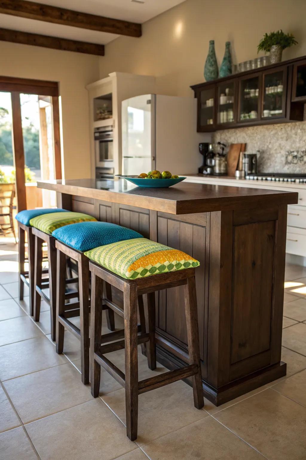 Bright cushions liven up your kitchen island seating.