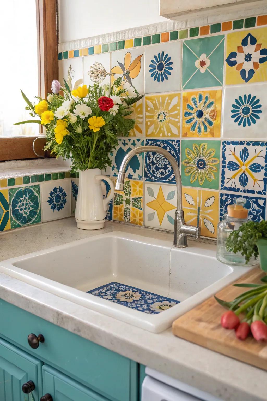 A vibrant sink space enhanced with colorful tiles and décor.