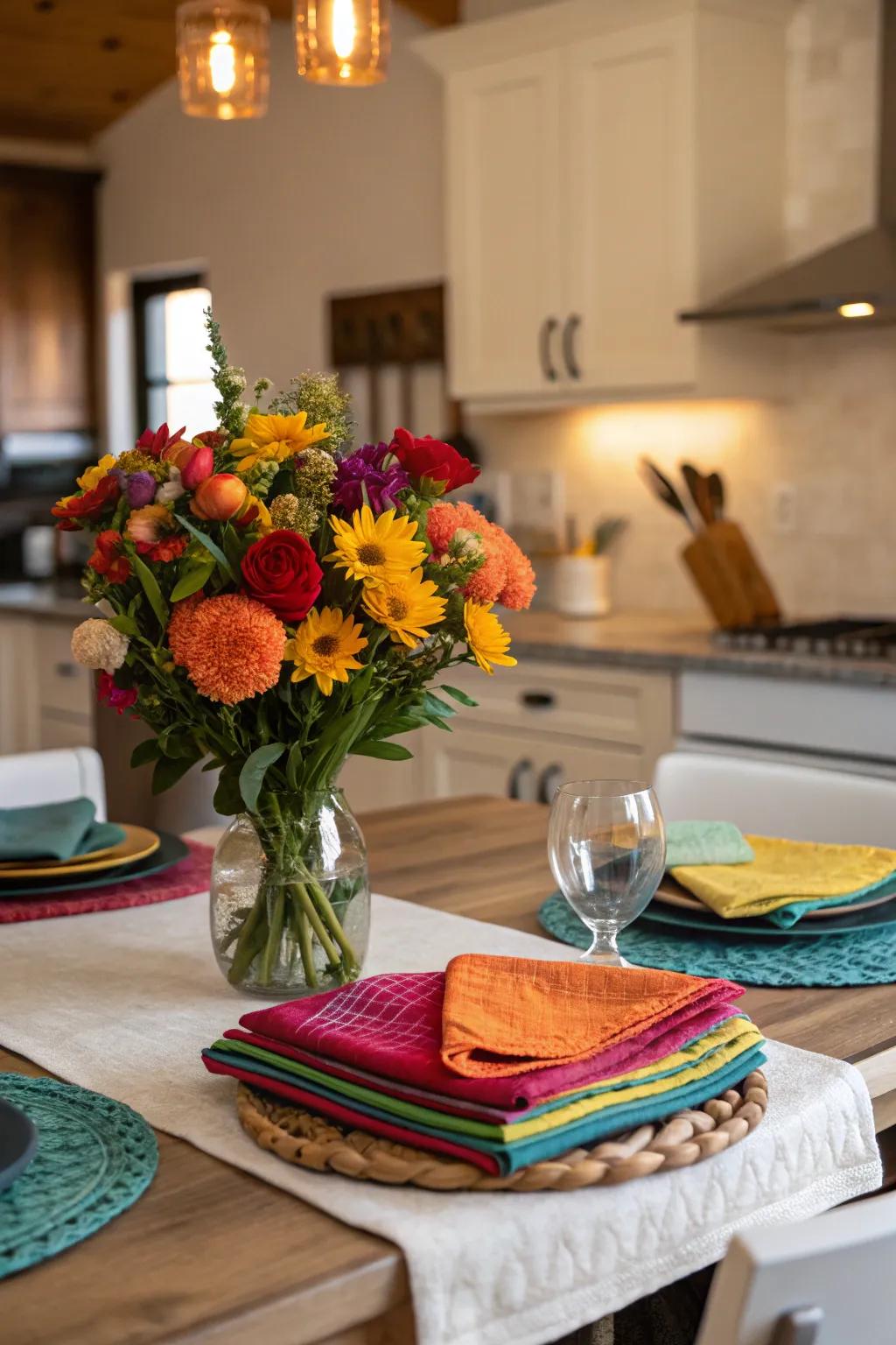 Vibrant accents can transform a neutral kitchen into a lively space.